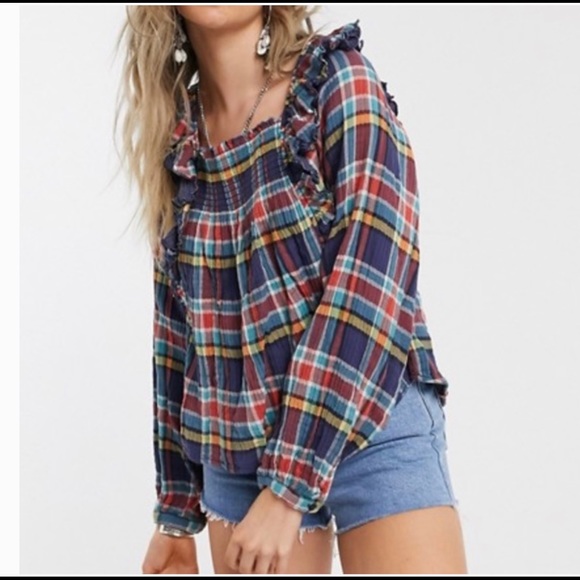 We The Free Tops - 🆕 We the Free Navy Plaid Ruffled Siena Top